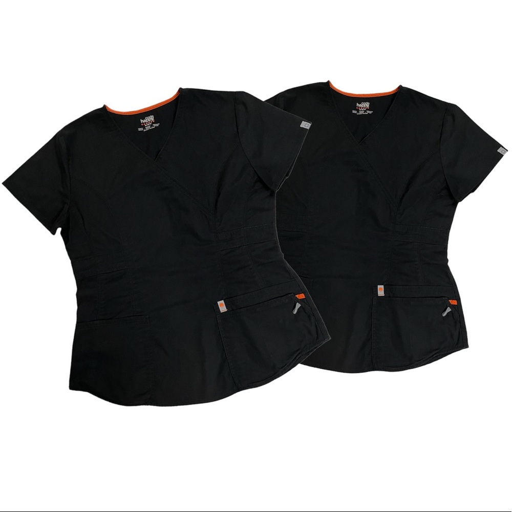 Set of Black Code Bliss Happy V-Neck Mock Wrap Scrub Shirts SZ Medium